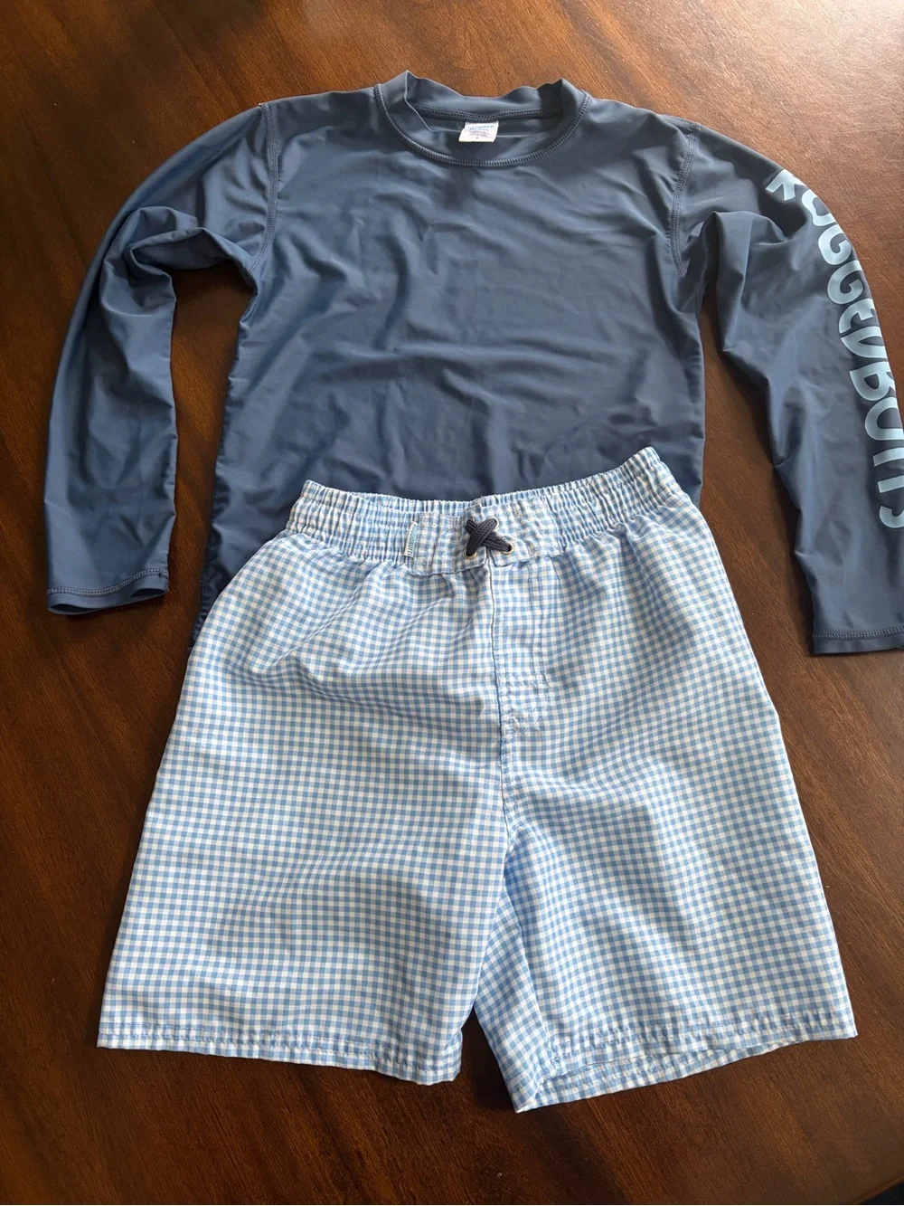 Kids Long-Sleeve Navy Rashguard with Light Blue Gingham Swim Shorts
